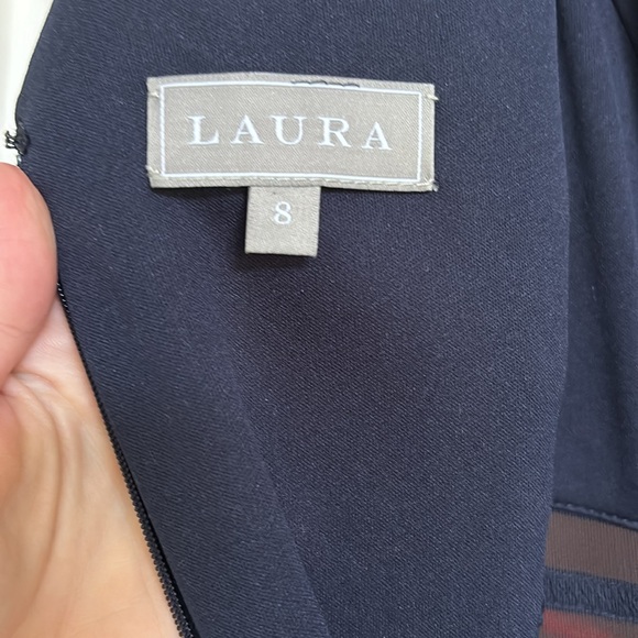 Navy blue fully lined ballgown with cutouts covered with navy, sheer mesh. - Picture 9 of 11